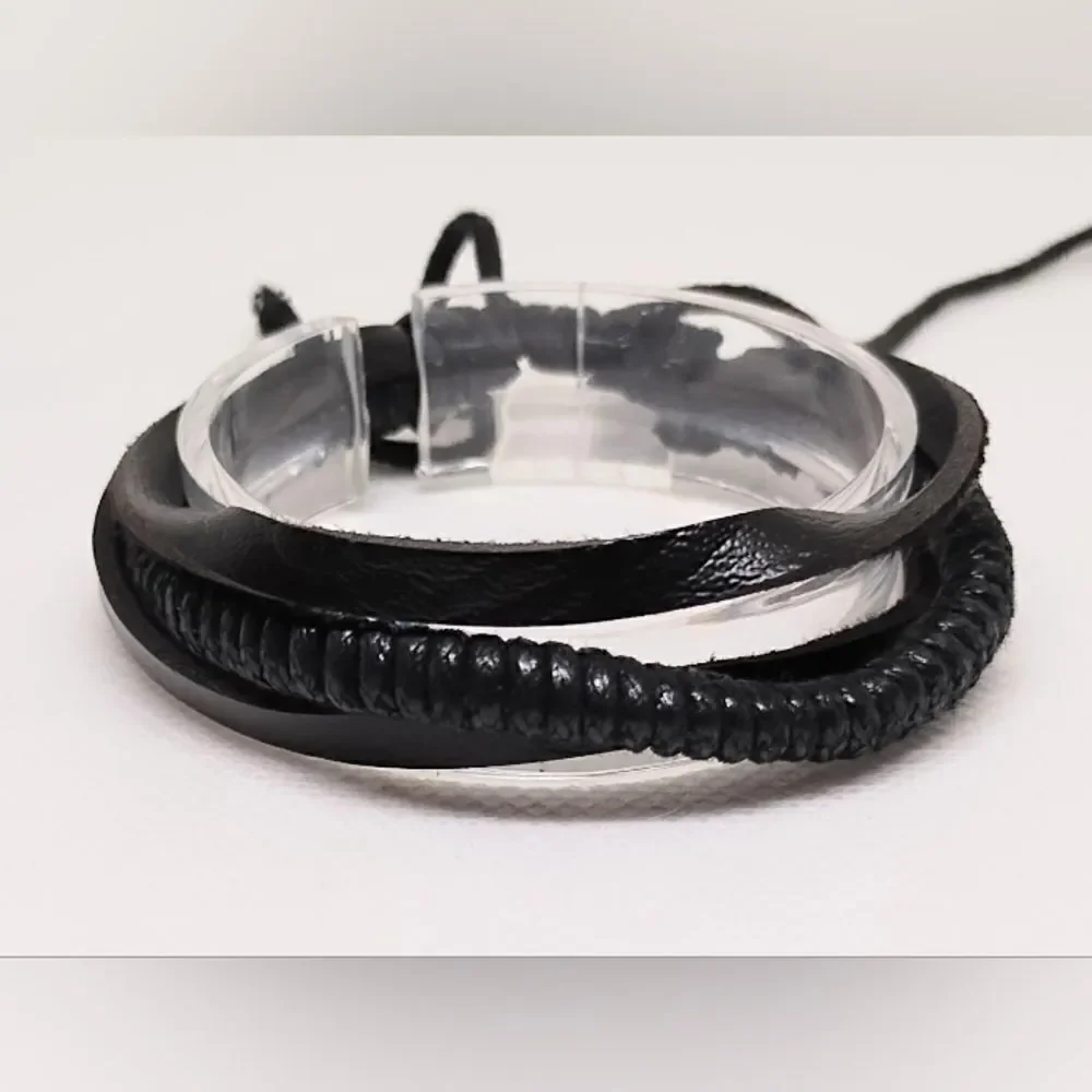 Men's bracelet leather‎ layered braided black new e35